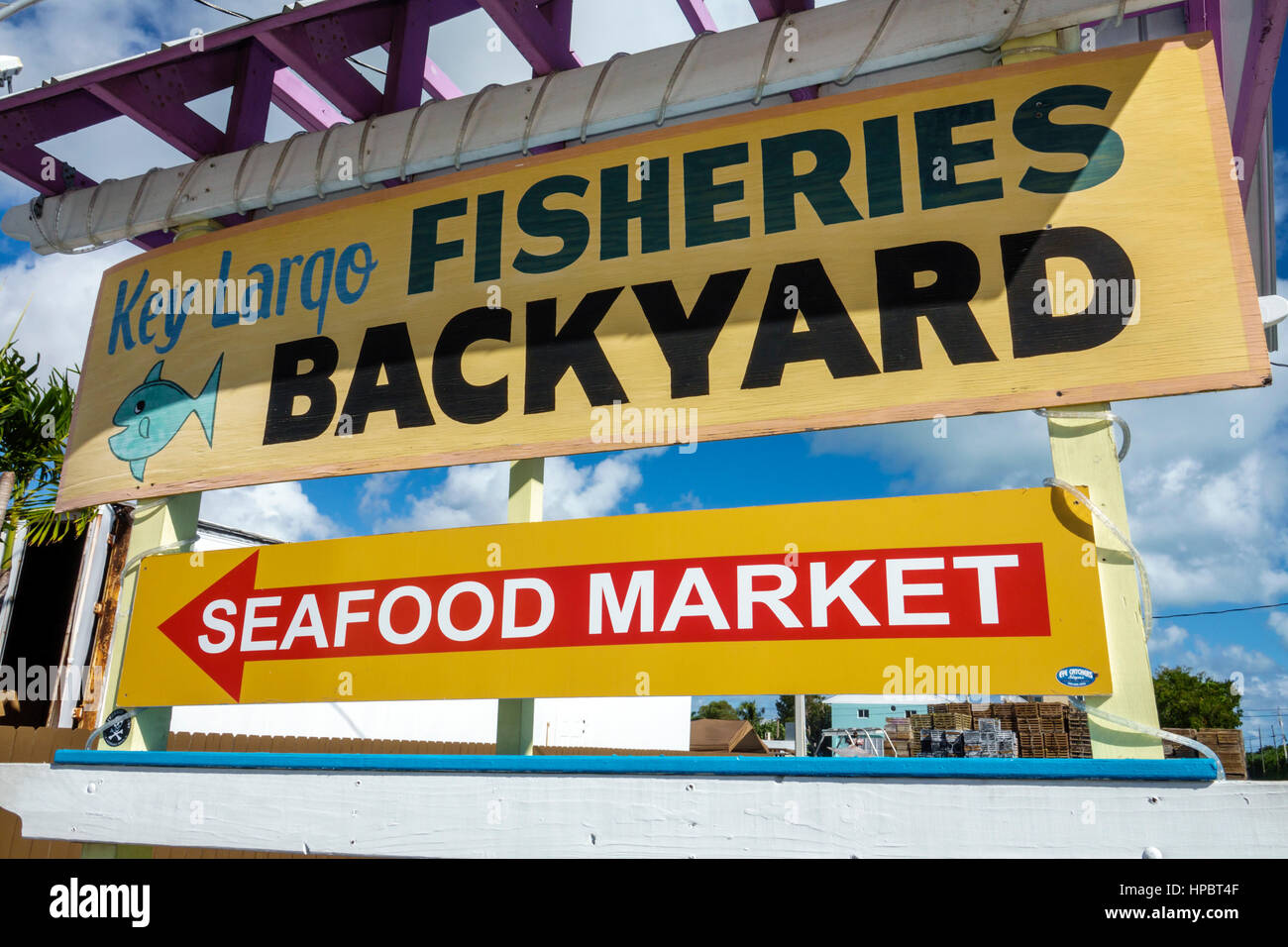 Florida Upper Key Largo Florida Keys,Key Largo Fisheries Backyard,restaurant restaurants food dining cafe cafes,seafood market,sign,FL161223050 Stock Photo