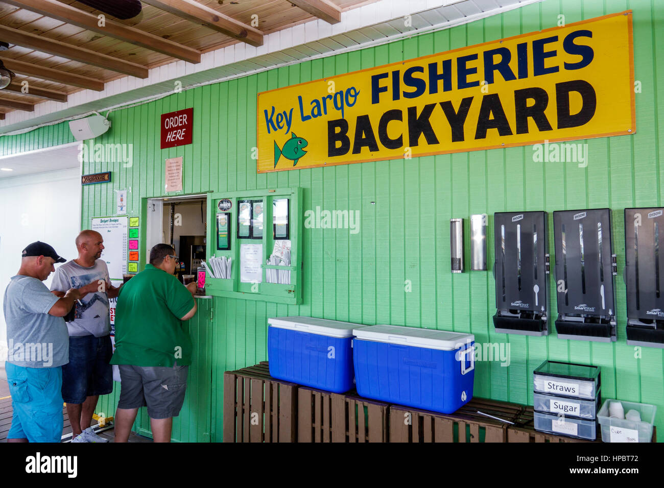 Florida Upper Key Largo Florida Keys,Key Largo Fisheries Backyard,restaurant restaurants food dining cafe cafes,seafood market,waterfront,order window Stock Photo