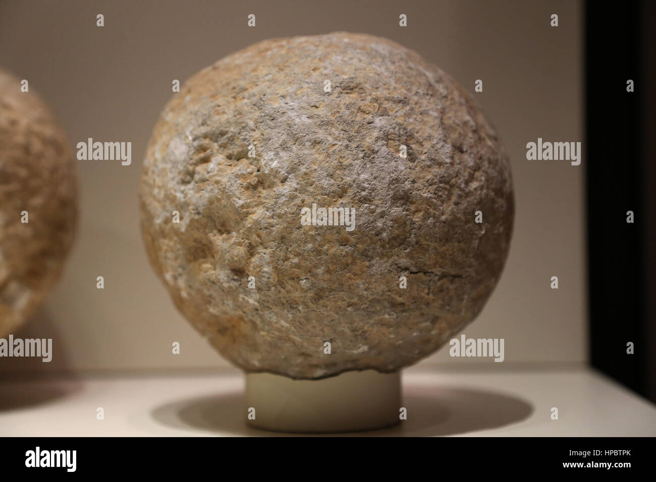 Roman siege engines: projectiles. Stone balls. Limestone. 2nd-1st century BC. Cabezo de Alcala (Azaila, Teruel). Stock Photo