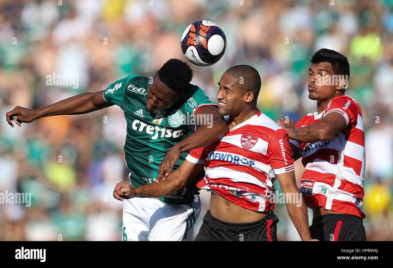 Araraquara, Brazil. 19th Feb, 2017. The player Mine, SE Palmeiras, ball dispute with Bruno Costa, CA Linense during match valid for the fourth round of the Championship, A1 Series, in the Source Arena. Credit: Cesar Greco/FotoArena/Alamy Live News Stock Photo