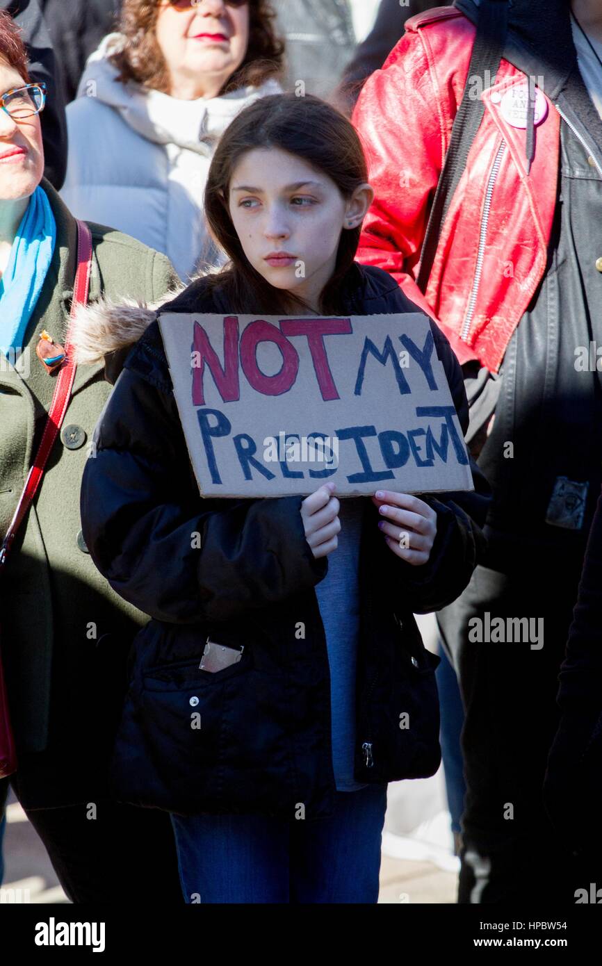 Philadelphia, USA. 20th February, 2016. Protestors gather at Thomas Paine Plaza across from Philadelphia CIty Hall, Monday, February 20, 2017. Part of a nationwide 'Not My President' mobilization coinciding with the national holiday celebrating George Washington's birthday, they voiced concerns about President Donald Trump's executive actions on immigration, the environment and other issues. Credit: Michael Candelori/Alamy Live News Stock Photo