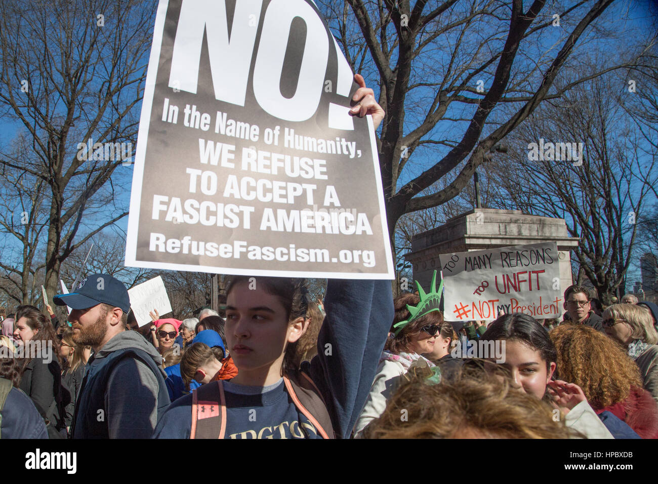 New York, USA. 20th February, 2017. Demonstrators held a 'Not My Presidents Day' rally at Columbus Circle, New York City on Presidents Day against President Donald Trump to send the message that he does not represent their interests. Other protests took place across the USA Credit: On Sight Photographic/Alamy Live News Stock Photo