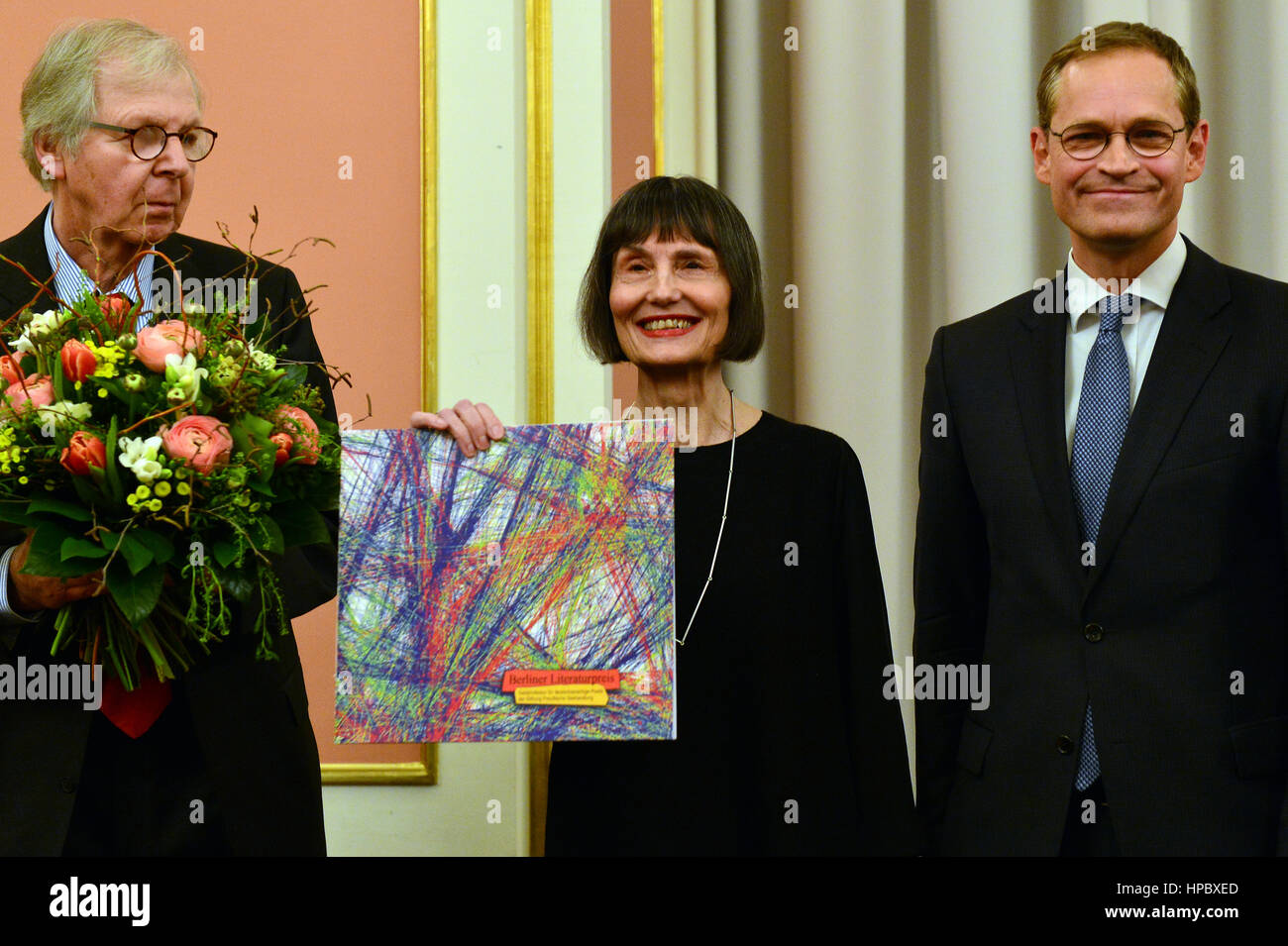 Berlin, Germany. 20th Feb, 2017. Author Ilma Rakusa (c), born in Slovakia and currently living in Zurich, receives the Berlin Literature Award 2017 ('Berliner literaturpreis') from Berlin's Mayor Michael Mueller (SPD, r) and Walter Rasch, chairman of the foundation 'Preussische Seehandlung' in Berlin, Germany, 20 February 2017. Photo: Maurizio Gambarini/dpa/Alamy Live News Stock Photo