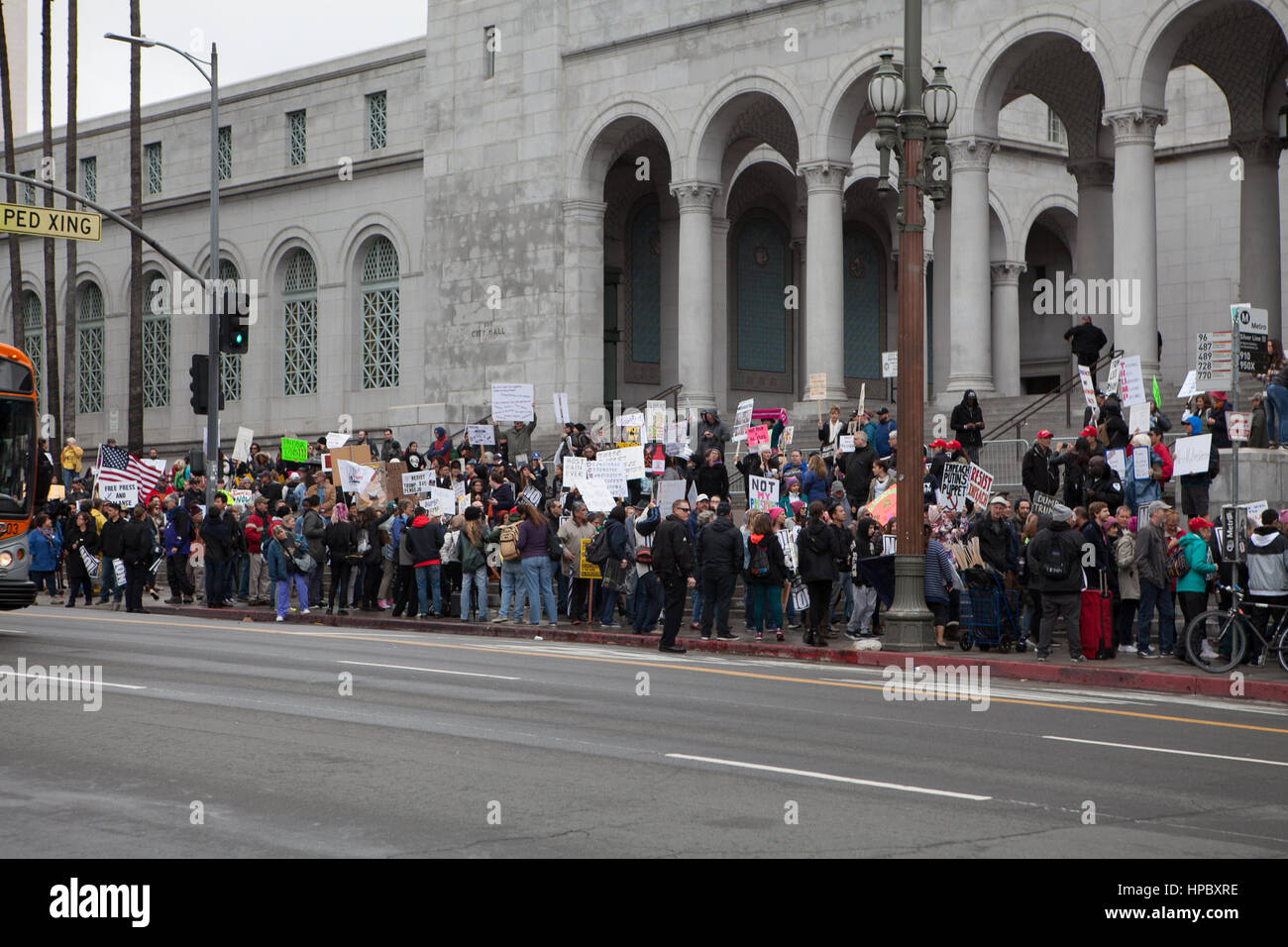 Los Angeles, USA. 20 February, 2017. Protestors gather at Los Angeles city hall for ‘Not Presidents Day’ rally. Zack Clark/Alamay Live News Stock Photo