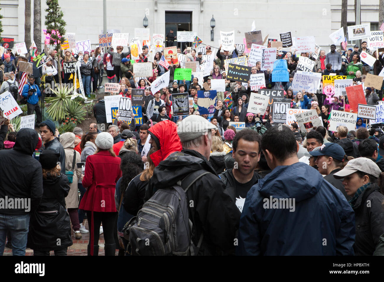 Los Angeles, USA. 20 February, 2017. Protestors gather at Los Angeles city hall for ‘Not Presidents Day’ rally. Zack Clark/Alamay Live News Stock Photo