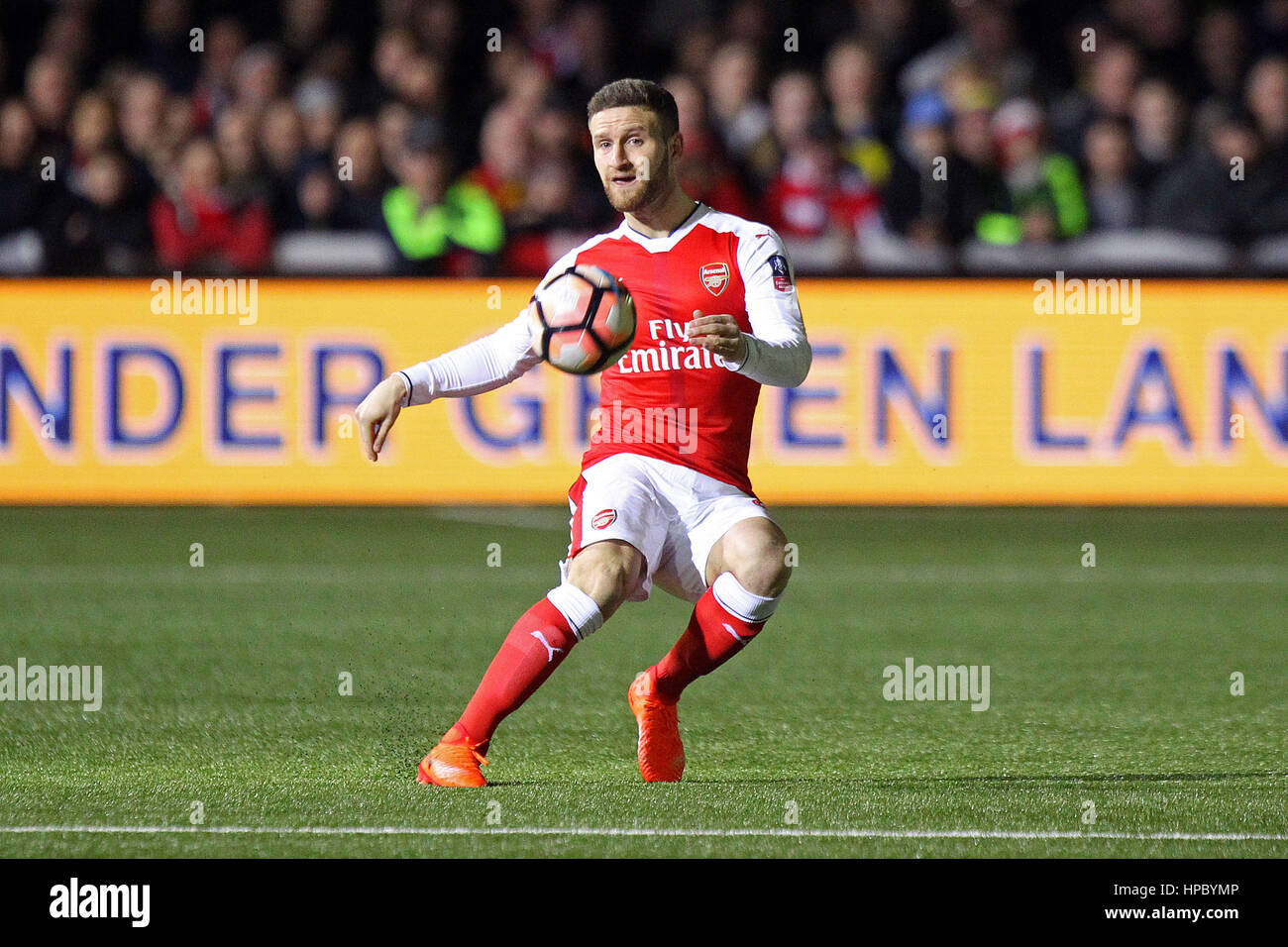 Sutton, UK. 20th Feb, 2017. Shkodran Mustafi of Arsenal in action during the FA Cup Fifth Round match between Sutton United and Arsenal at Borough Sports Ground on February 20th 2017 in Sutton, England. Credit: Daniel Chesterton/Alamy Live News Stock Photo