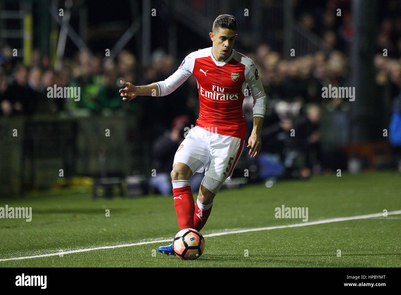 Sutton, UK. 20th Feb, 2017. Gabriel Paulista of Arsenal in action during the FA Cup Fifth Round match between Sutton United and Arsenal at Borough Sports Ground on February 20th 2017 in Sutton, England. Credit: Daniel Chesterton/Alamy Live News Stock Photo