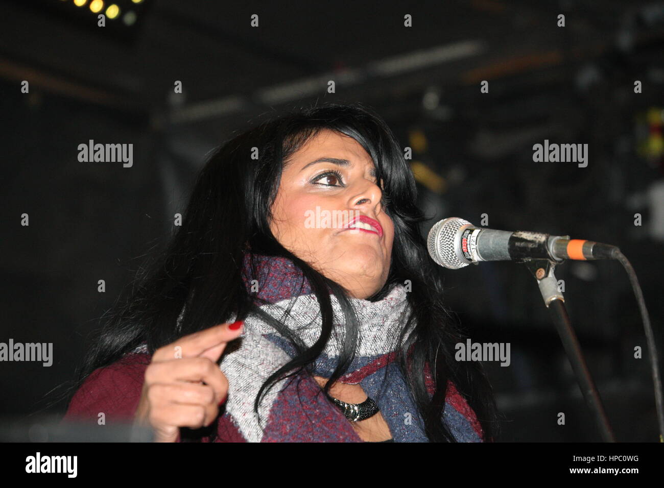Westminster, London, UK. 20th Feb, 2017. A Stop Trump rally is held outside the UK Parliament, while inside MPs debate a petition signed by 1.8 million people calling for an invitation to the US president to visit the UK to be withdrawn. Anti-racism campaigner Maz Saleem addresses the crowd. Credit: Roland Ravenhill/Alamy Live News Stock Photo