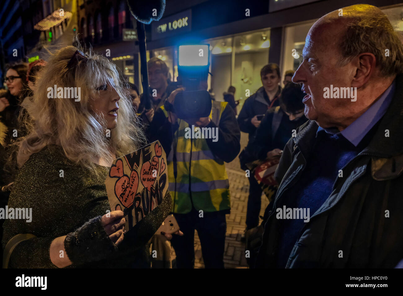 Bournemouth, Dorset, UK. 20 February 2017. Anti Trump demonstrations meet in Bournemouth Square during the national day of action called by the Stop Trump Coalition timed to coincide with the parliamentary debate over Donald Trump’s state visit. A few vocal pro Trump demonstrators attended leading to some heated exchanges . Credit: Tom Corban/Alamy Live News Stock Photo