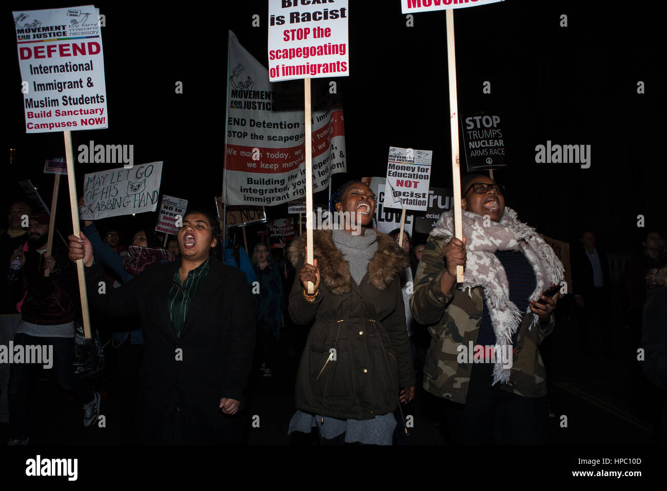 London, UK. 20th Feb, 2017. Protesters chanting at a demonstration at Parliament Square and Whitehall. Protesters objected to Donald Trump being invited on a state visit to the UK. The demonstration at Parliament Square was held during the time that parliament was discussing the possible state visit. Credit: Jo Syz/Alamy Live News Stock Photo