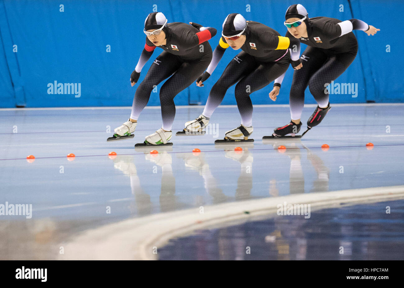 Obihiro, Japan. 21st Feb, 2017. Gold medalists Team Japan compete during the Ladies' Team Pursuit at the 2017 Sapporo Asian Winter Games in Obihiro, Japan, Feb. 21, 2017. Credit: Jiang Wenyao/Xinhua/Alamy Live News Stock Photo