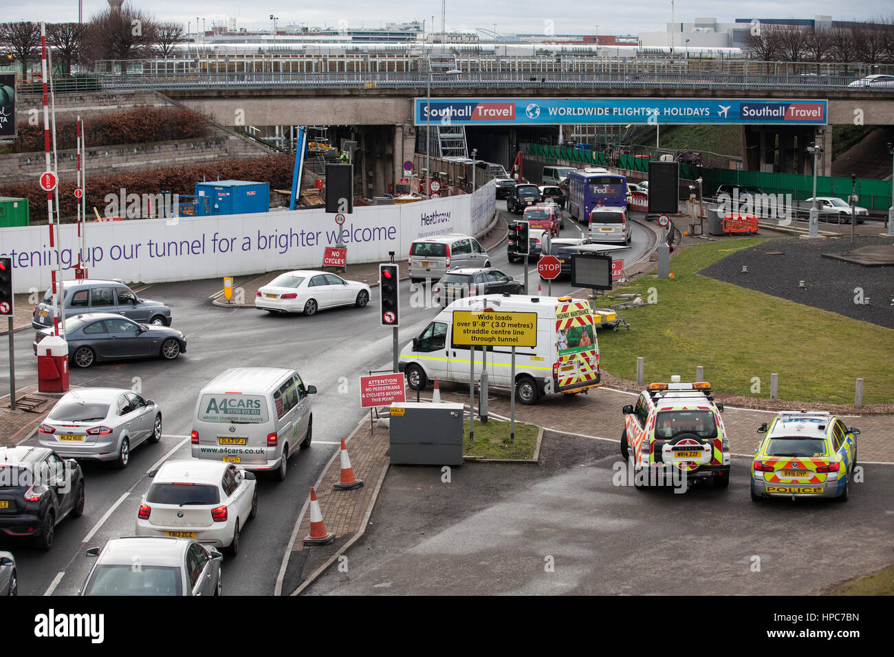 London, UK. 21st February, 2017. Traffic jams on the M4 spur leading through the tunnel to Heathrow Airport. Activists from Rising Up, an environmental protest group opposed to Heathrow expansion, had blocked the tunnel by locking themselves onto a vehicle parked across the inbound lane. Credit: Mark Kerrison/Alamy Live News Stock Photo