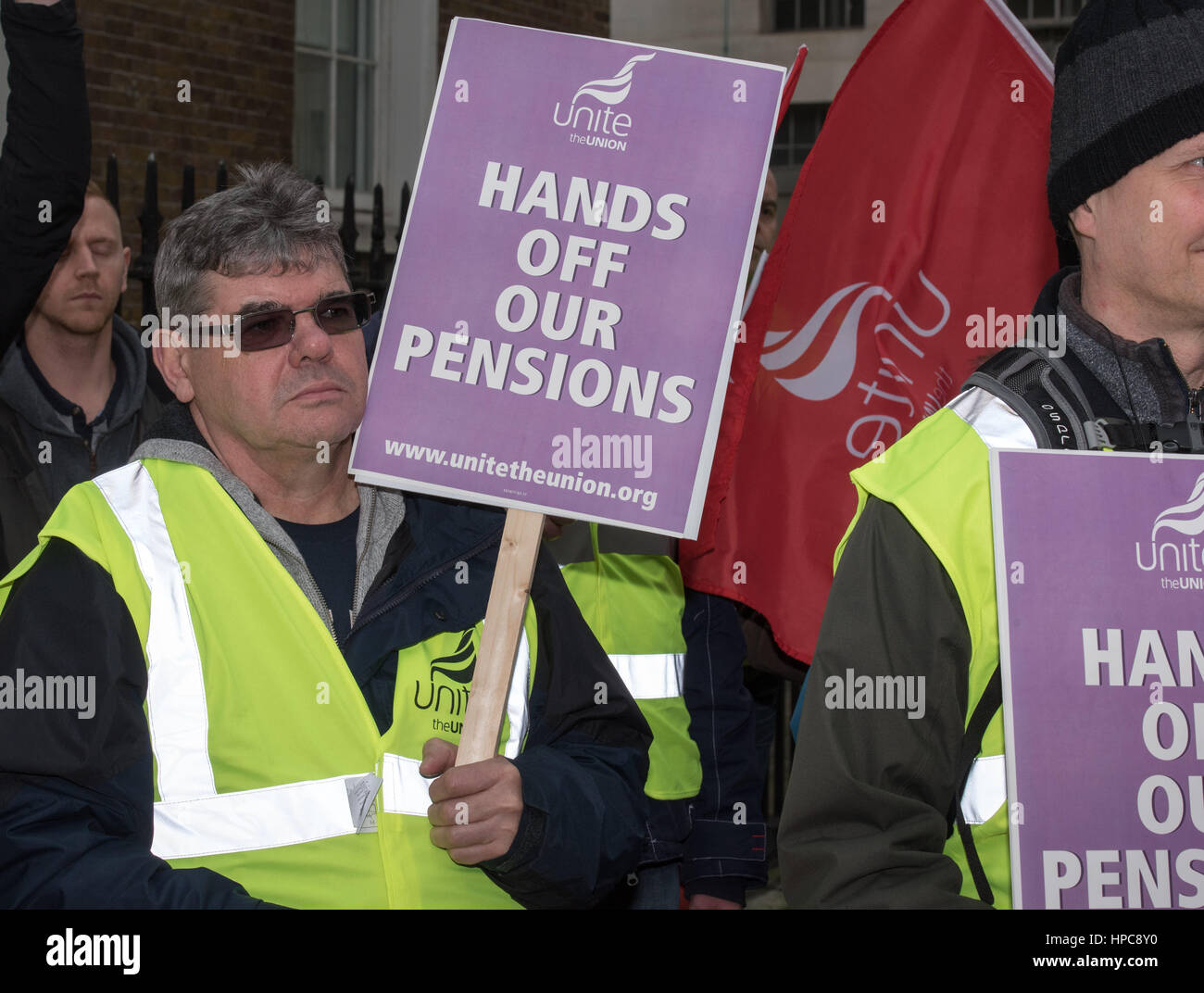 London, UK. 21st Feb, 2017. Unite Union members from the Automatic Weapons Establishment (AWE) protest at proposed changes to their pension scheme outside the Minister of Defence, Whitehall, London Credit: Ian Davidson/Alamy Live News Stock Photo
