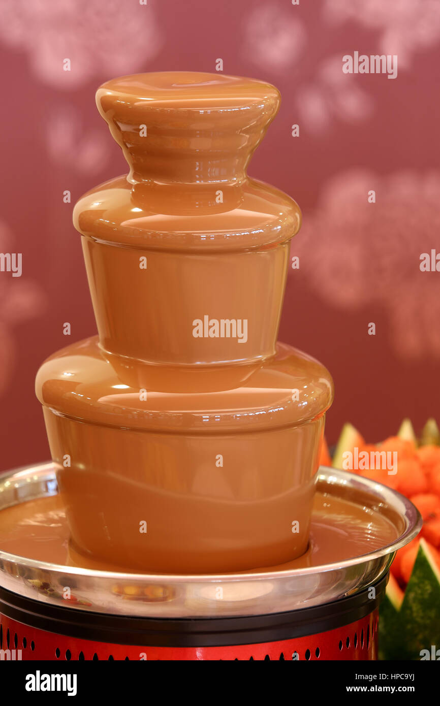 Chocolate Fountain On The Party Or Wedding Reception Stock Photo