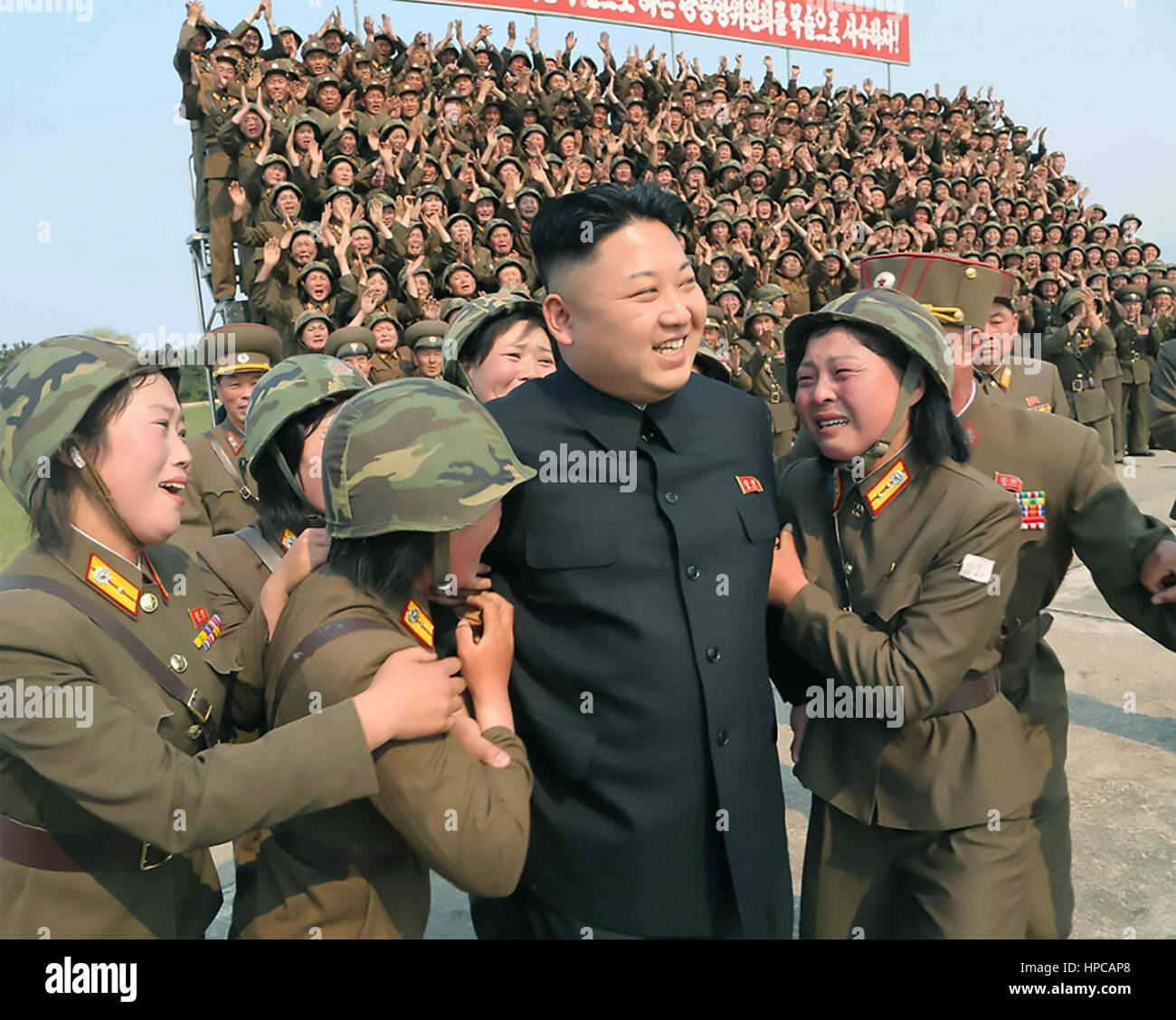 KIM JONG-UN North Korean leader with women soldiers from an artillery unit in south-east Kangwon.  Date uncertain but about   2016. Photo: KPA Stock Photo