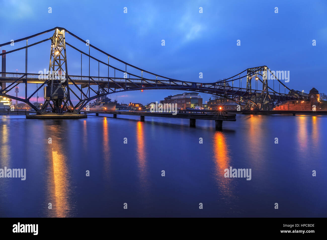The Kaiser Wilhelm Bridge in Wilhelmshaven at blue hour Stock Photo