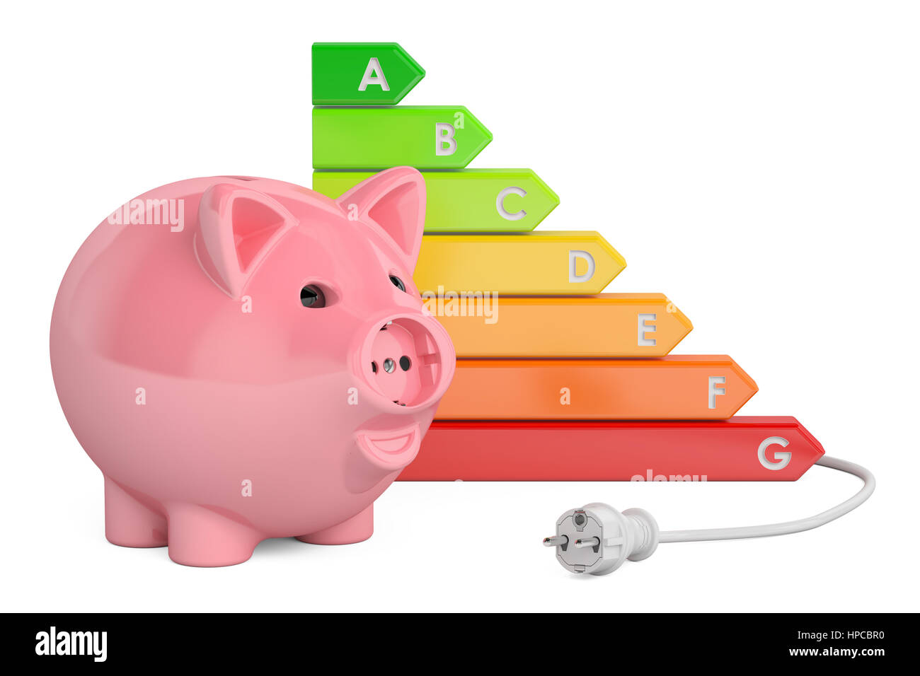 Energy efficiency chart with piggy bank and plug, 3D rendering isolated on white background Stock Photo