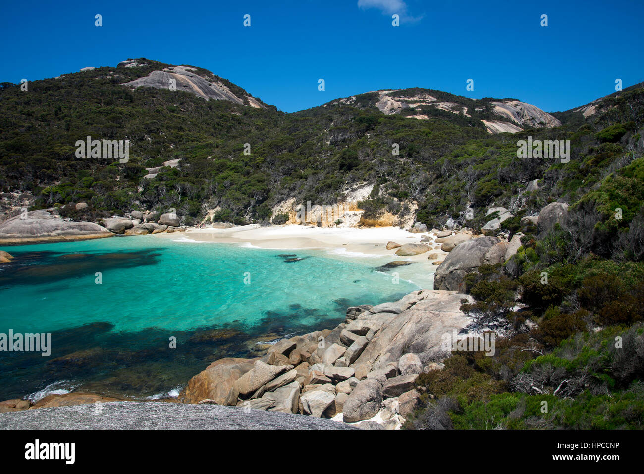 Small hidden bay safe for swimming near Little Beach in Two Peoples Bay Reserve near Albany Stock Photo