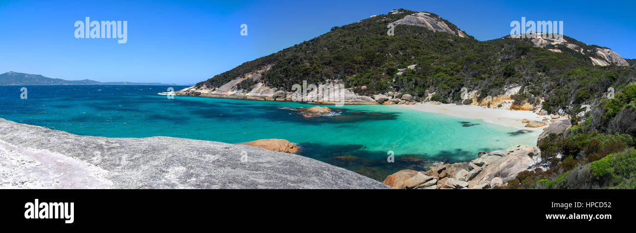 Panorama of a small hidden bay safe for swimming near Little Beach in Two Peoples Bay Reserve near Albany Stock Photo