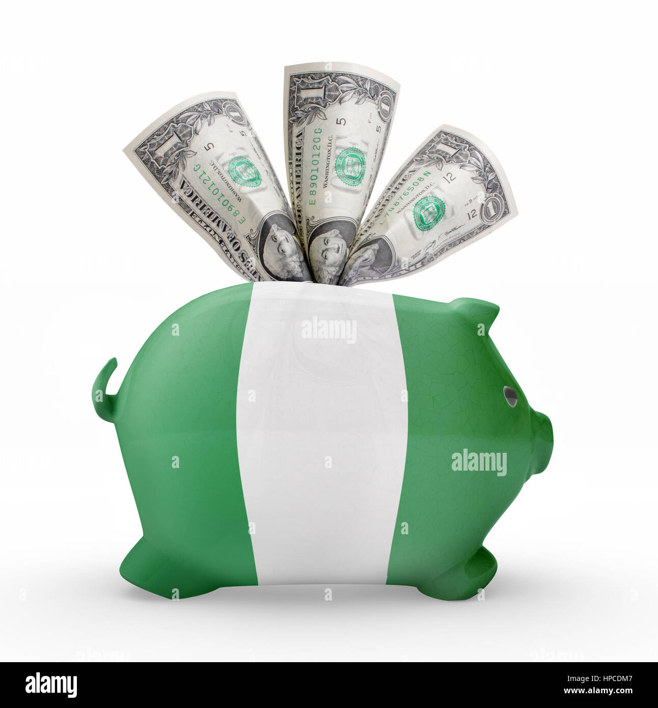 Side view of a piggy bank with the flag design of Nigeria.(series Stock