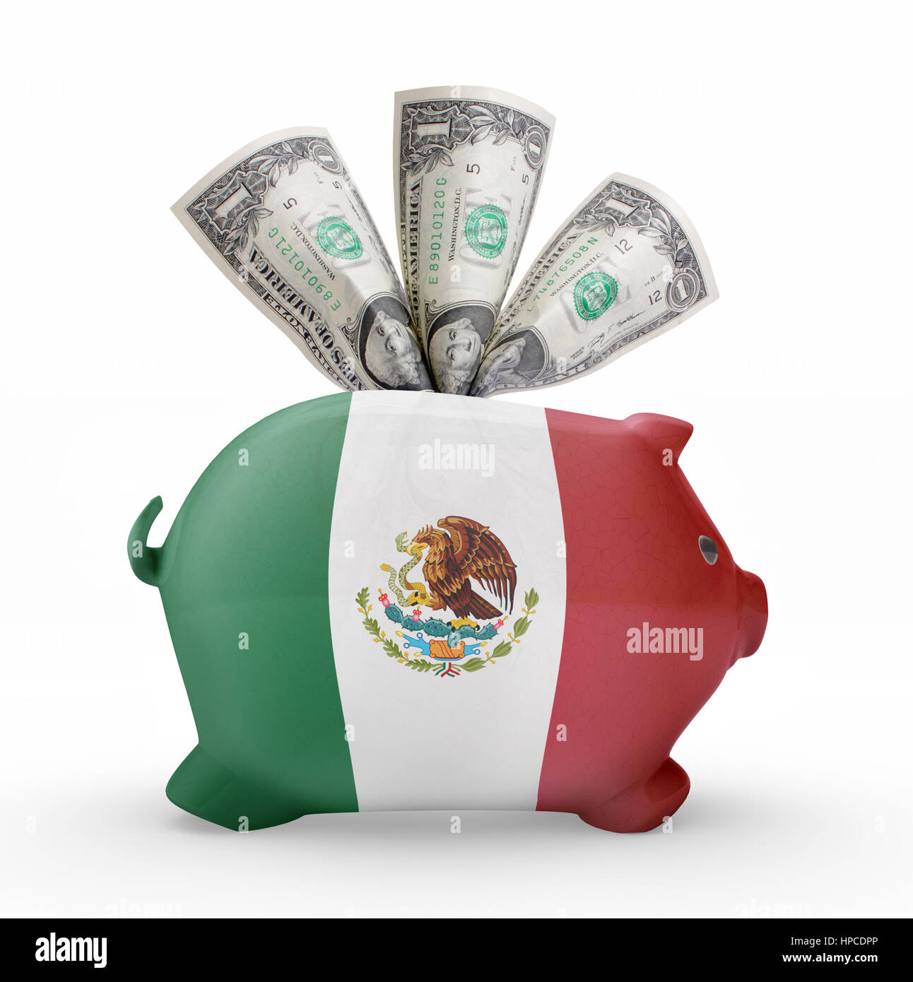 Side view of a piggy bank with the flag design of Mexico.(series Stock