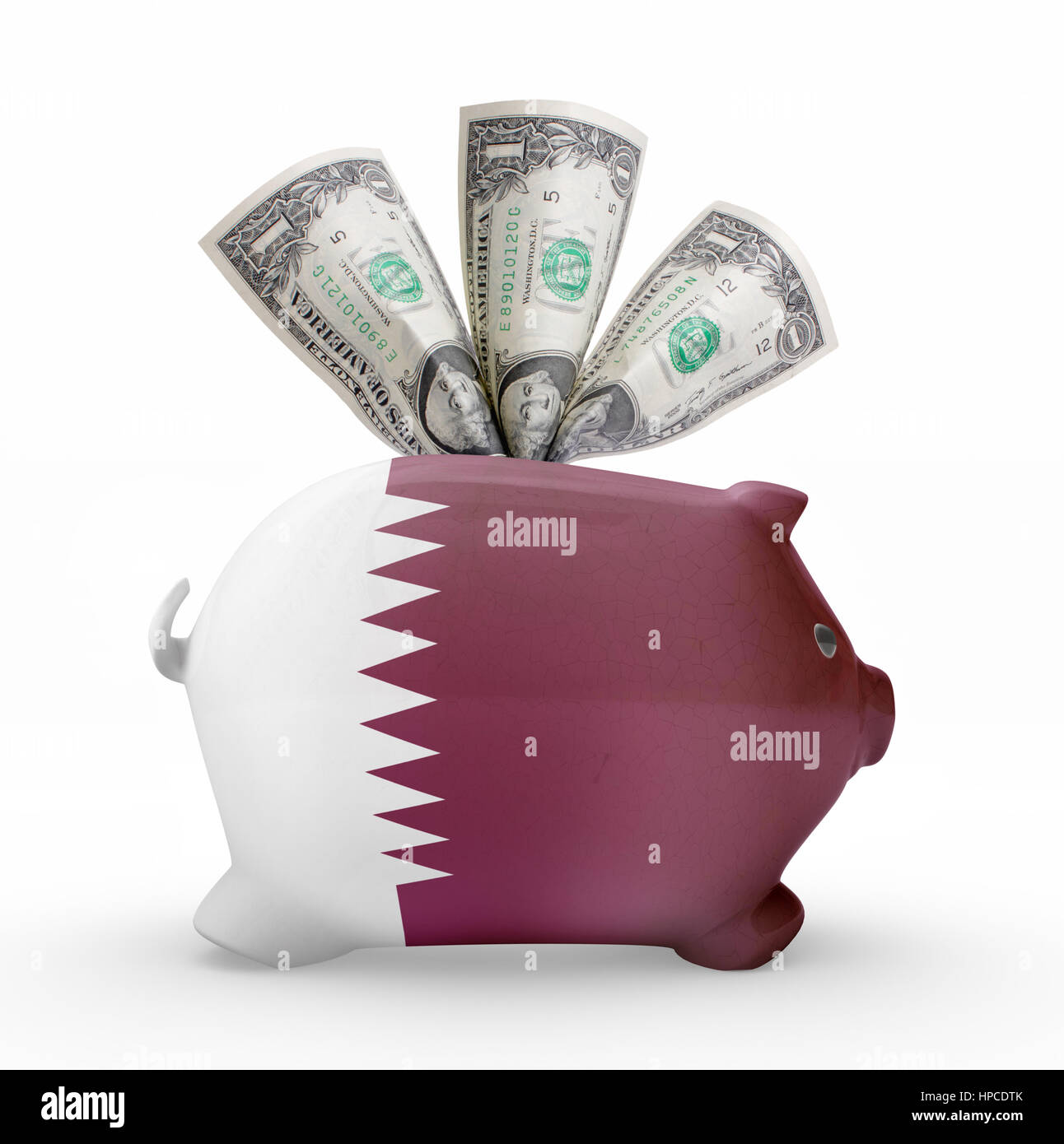 Side view of a piggy bank with the flag design of Qatar.(series Stock Photo Alamy