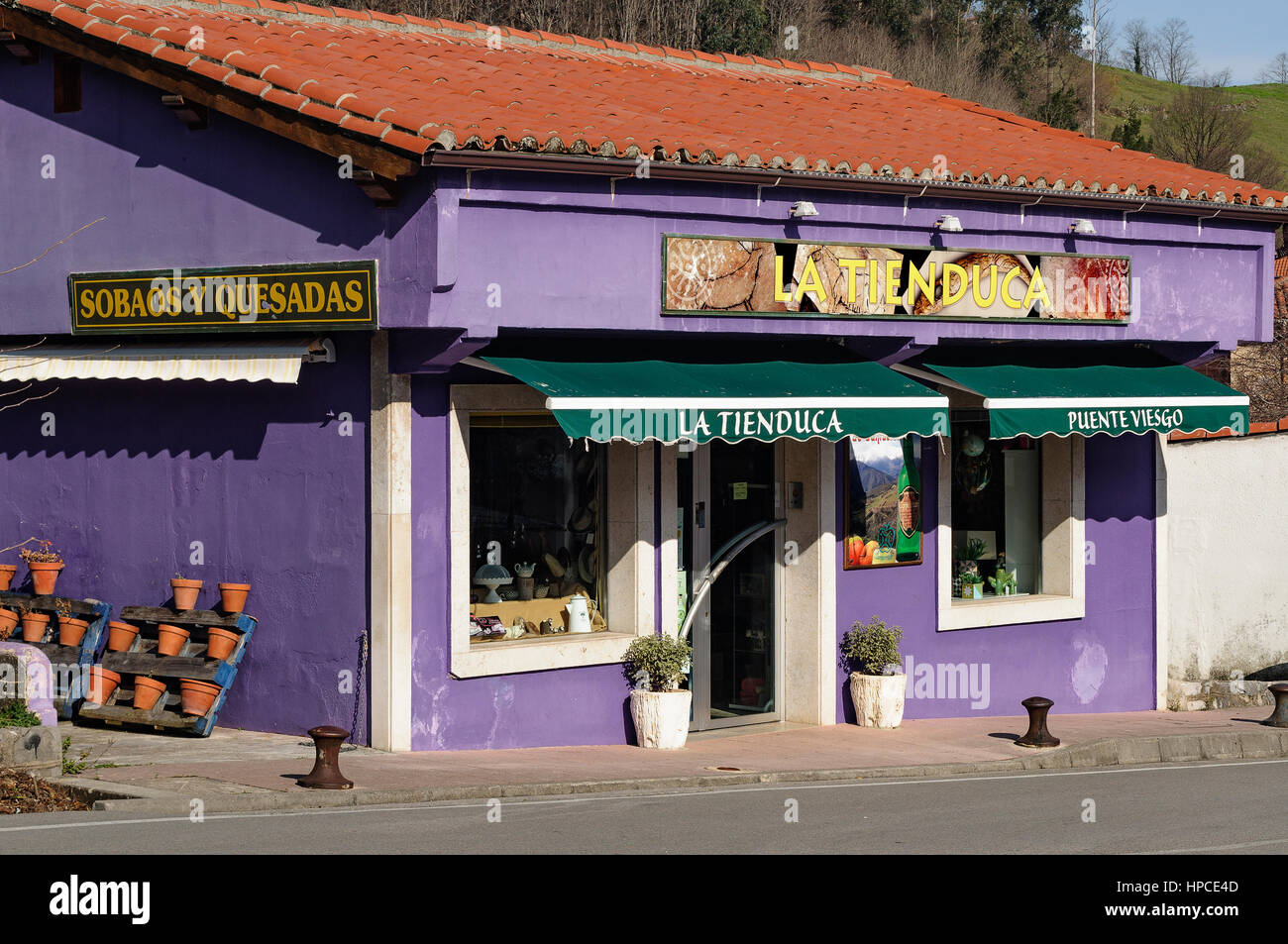 Typical and famous store of products of the earth. Village of Puente Viesgo, Cantabria, northern Spain. Stock Photo