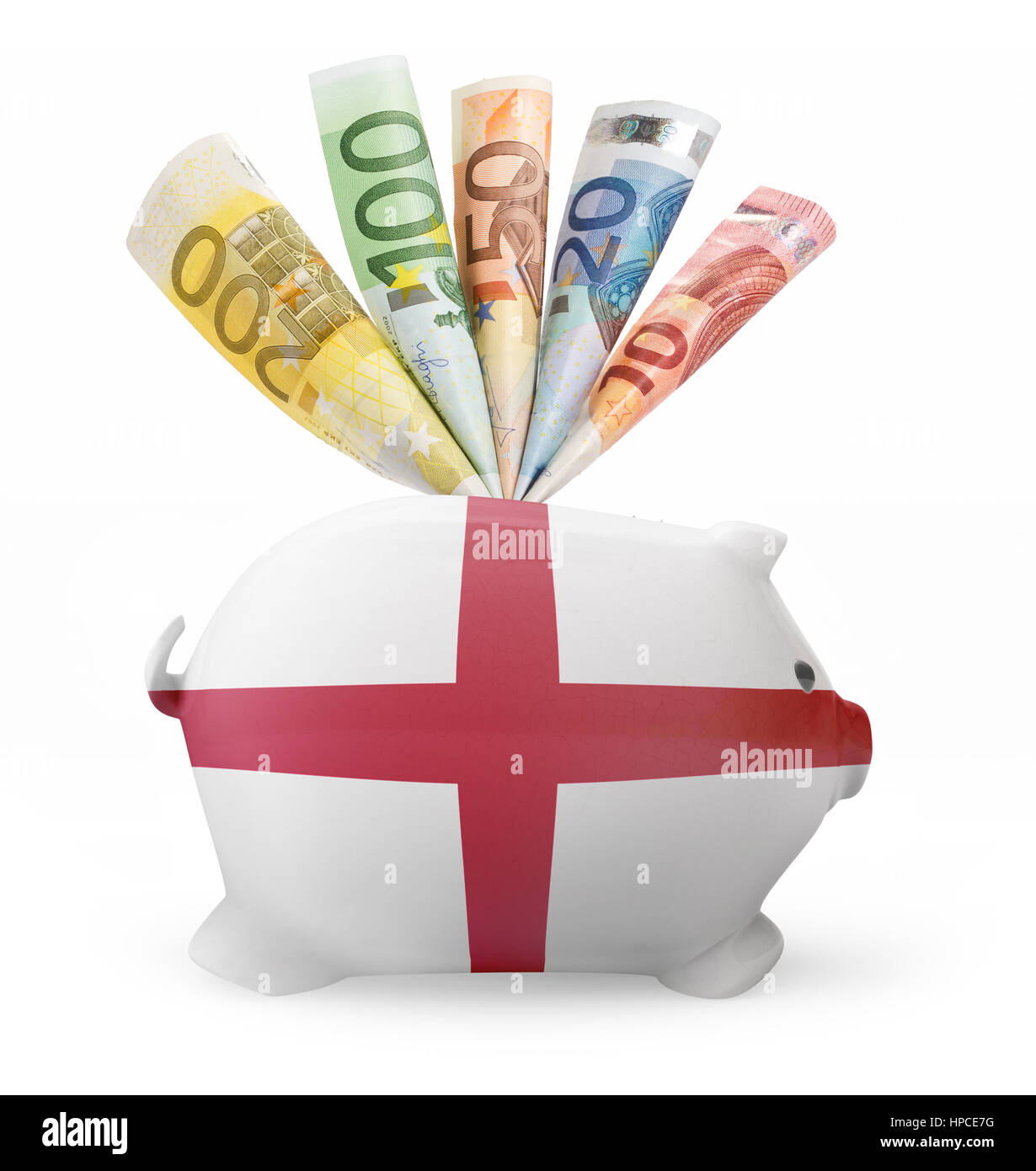 Side view of a piggy bank with the flag design of England and various ...