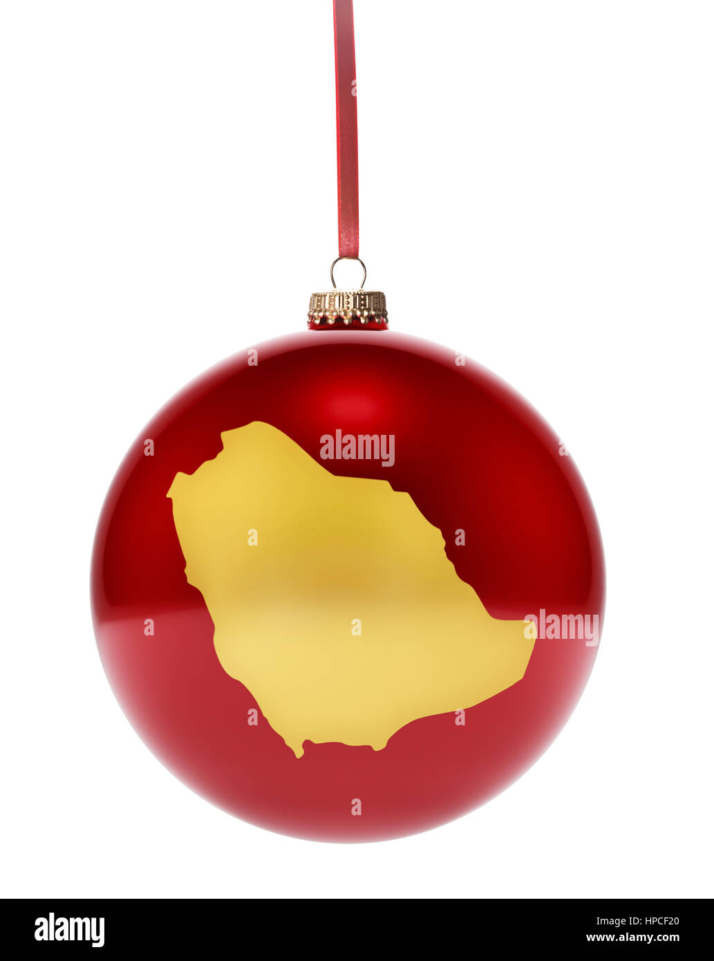 A hanging glossy red bauble with the golden shape of Saudi Arabia.(series) Stock Photo