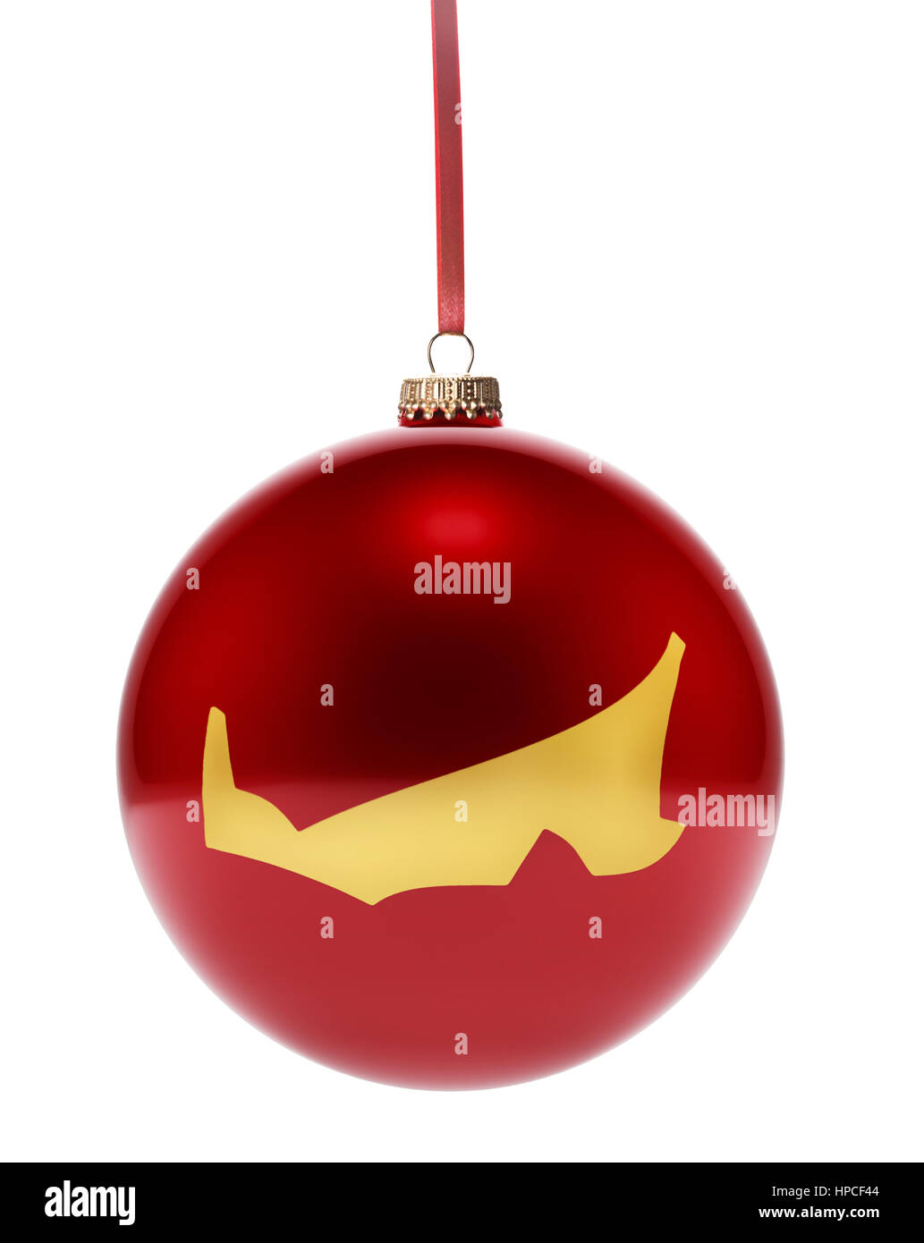 A hanging glossy red bauble with the golden shape of Prince Edward Island.(series) Stock Photo