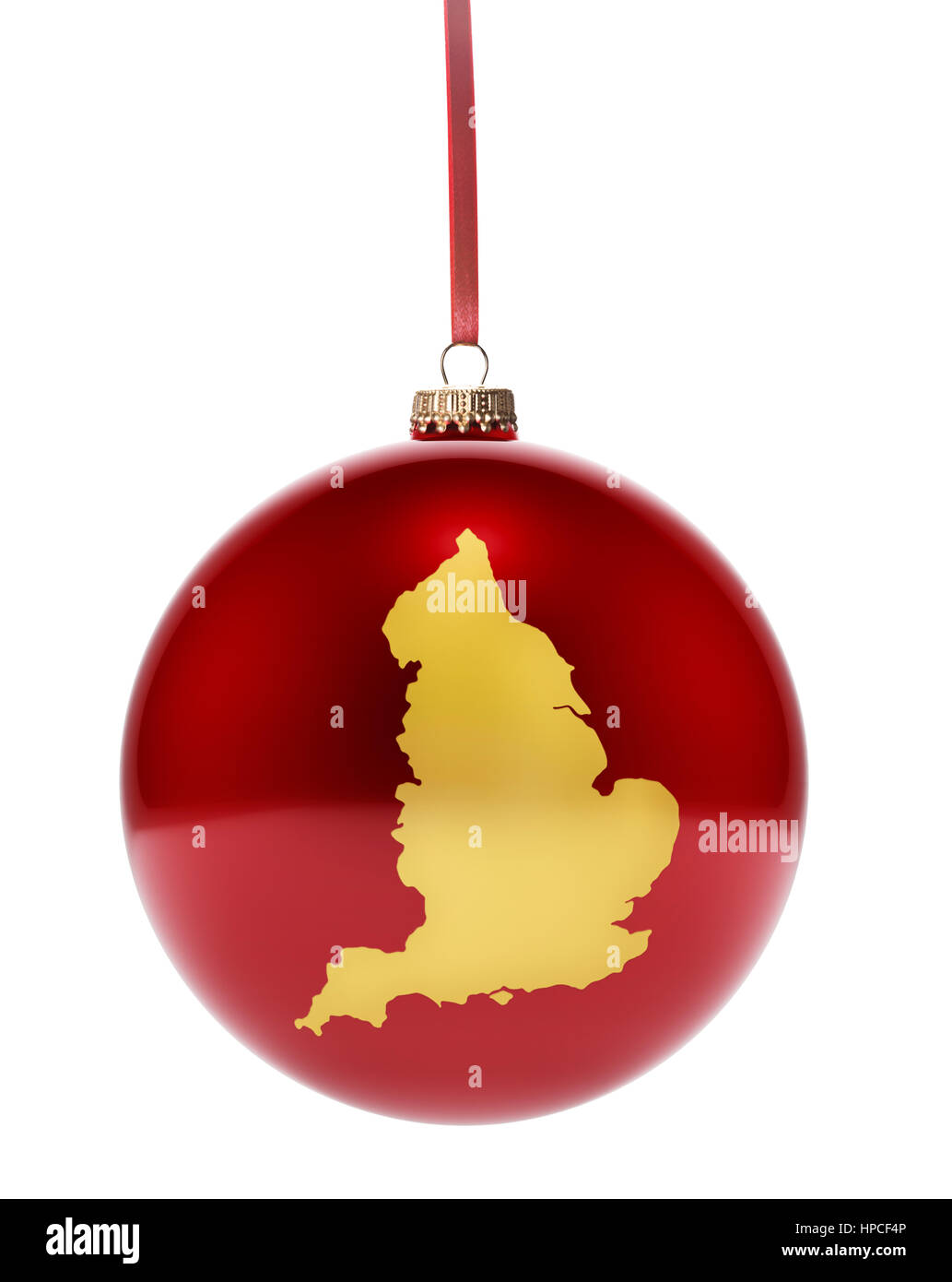 A hanging glossy red bauble with the golden shape of England.(series