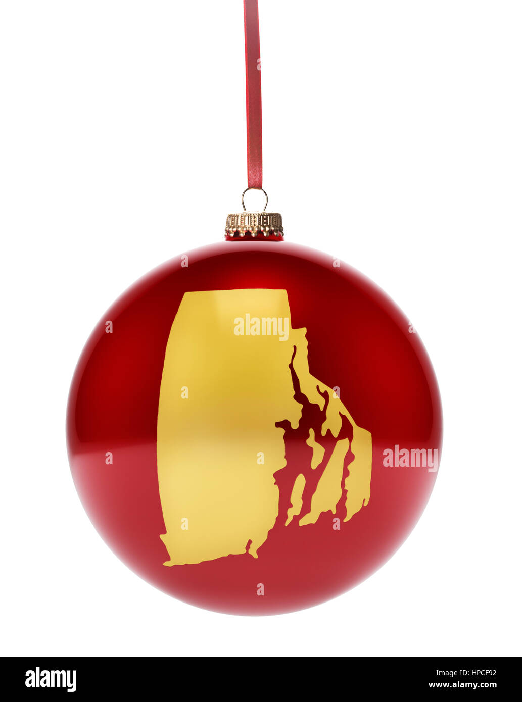 A hanging glossy red bauble with the golden shape of Rhode Island.(series) Stock Photo