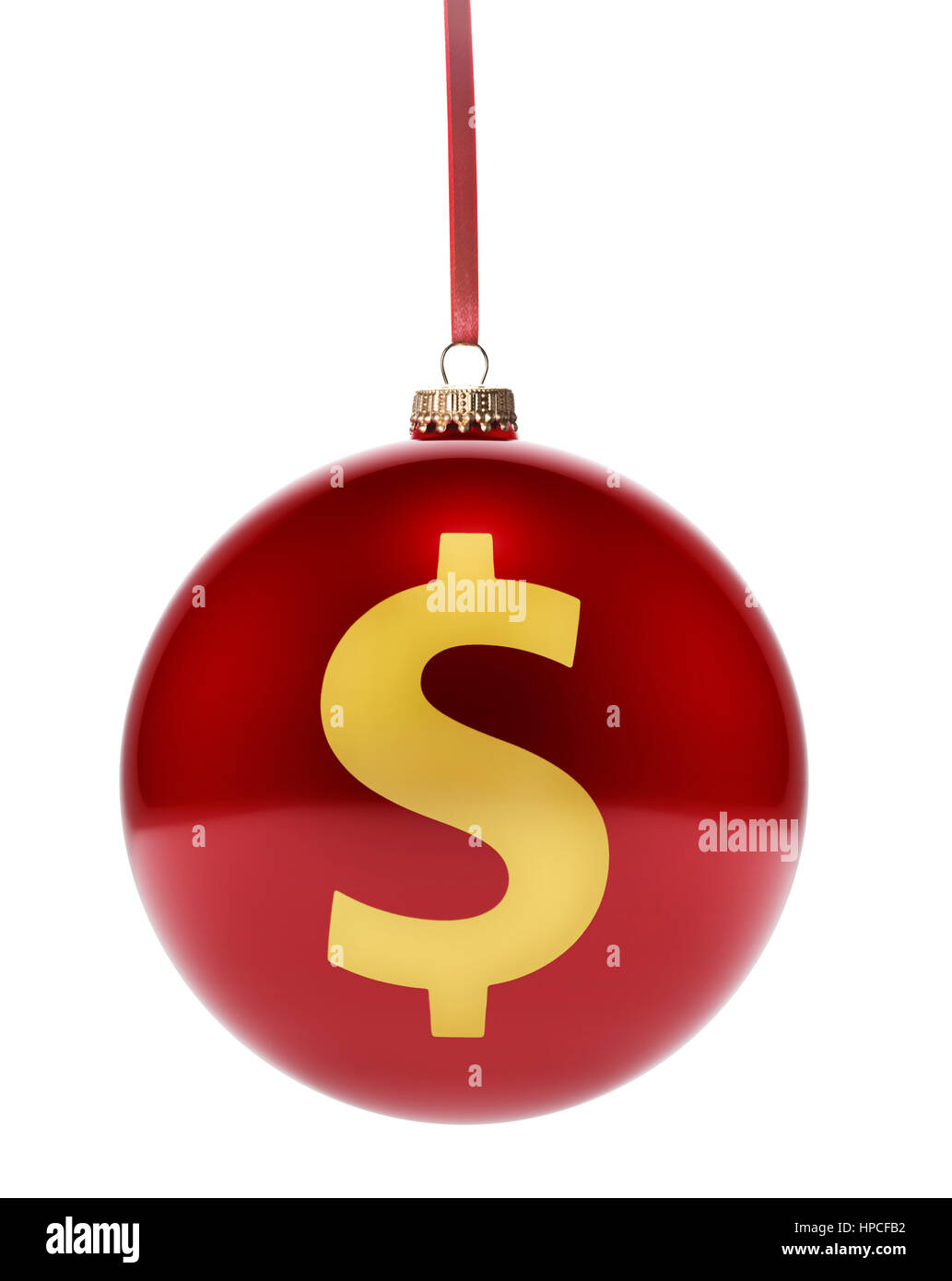 A hanging glossy red bauble with the golden shape of a Dollar symbol.(3D illustration) Stock Photo