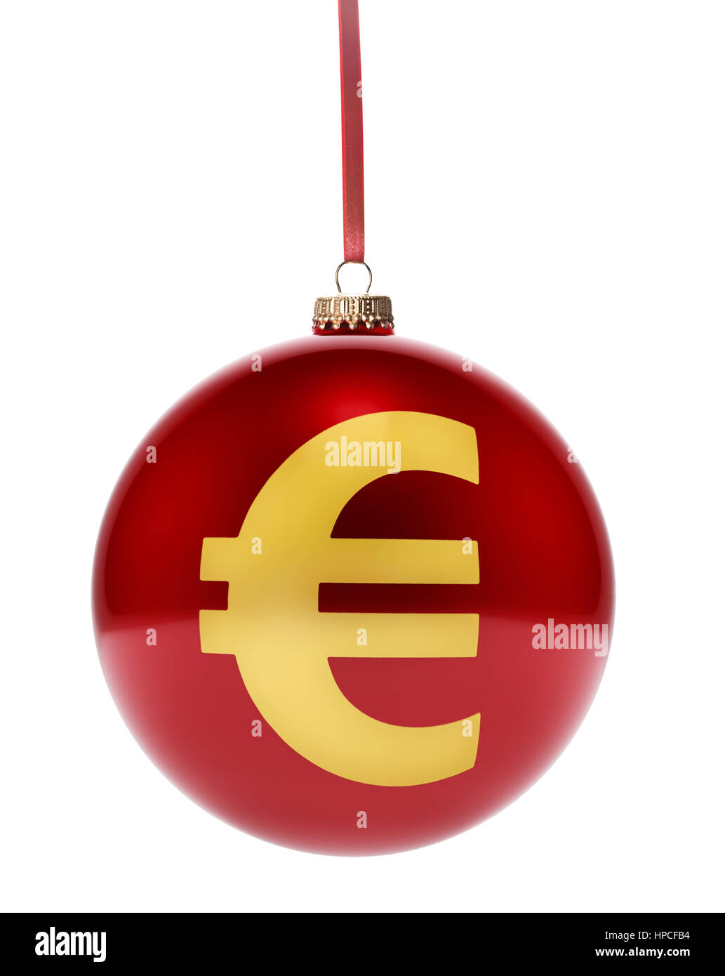 A hanging glossy red bauble with the golden shape of a Euro symbol.(3D illustration) Stock Photo