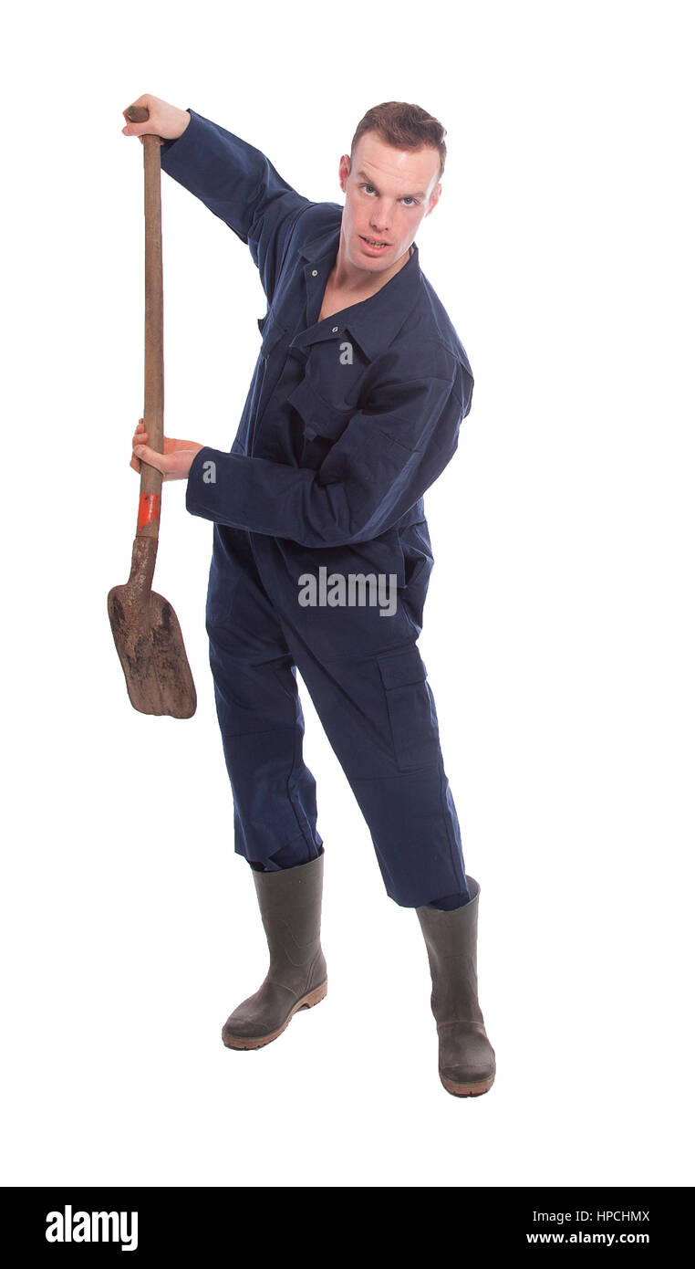 Young farmer with shovel isolated on white background Stock Photo - Alamy