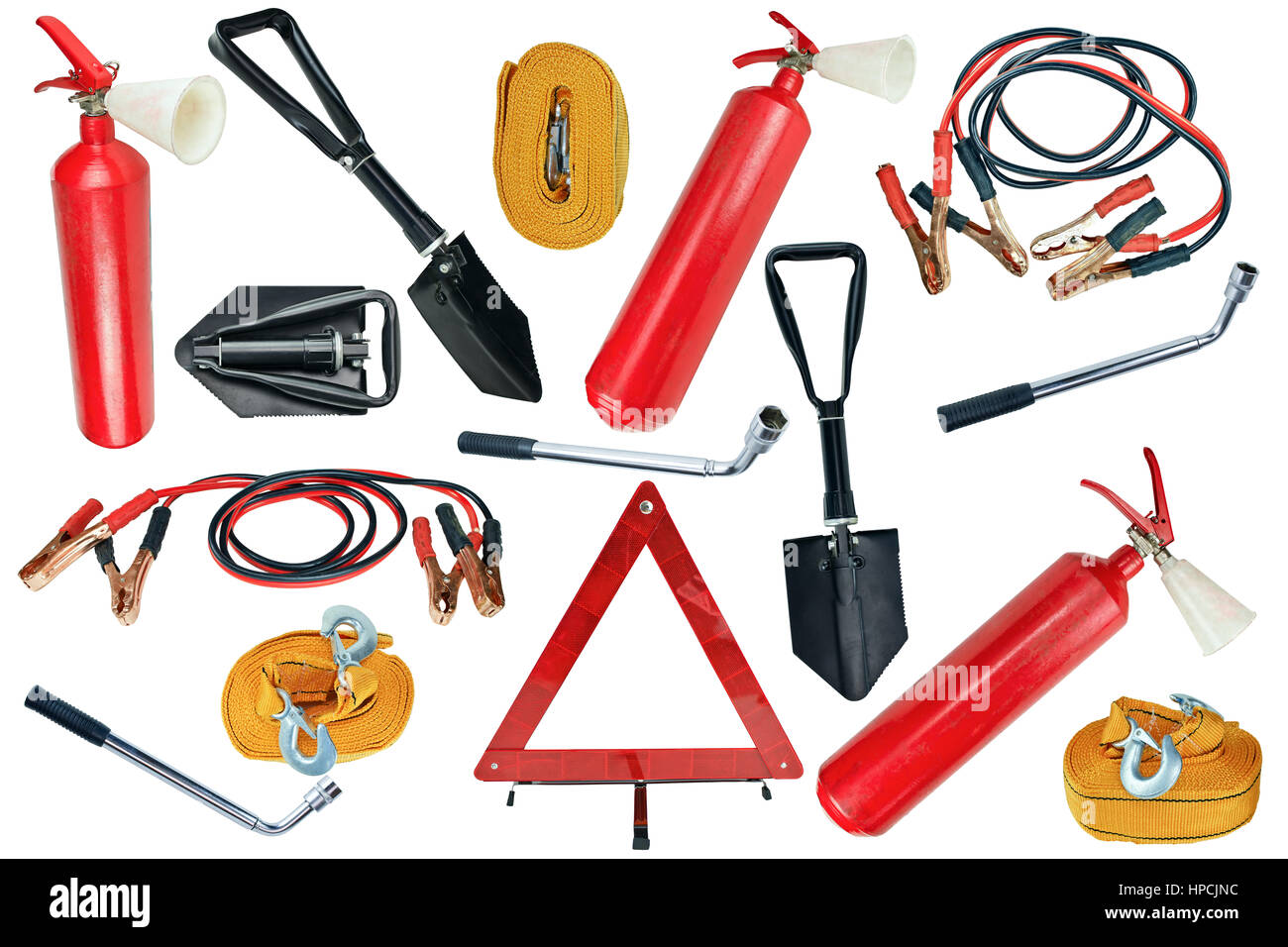 Elements of the essentials for a passenger car. Danger Safety Warning Triangle Sign, towing rope, fire extinguisher, Jumper cable, wheel wrench and sh Stock Photo
