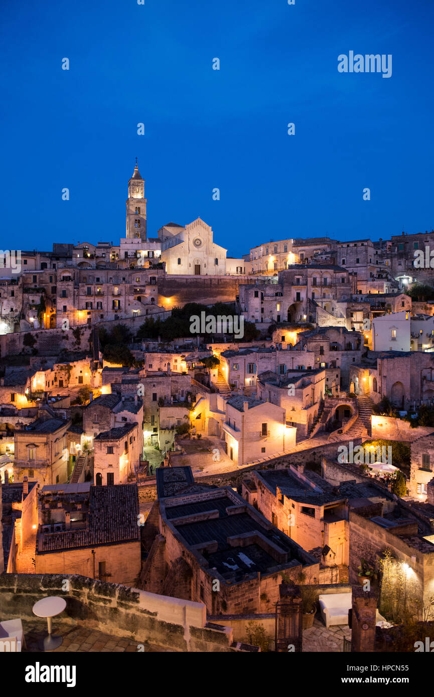 Italy,Basilicata,Matera by night,Sasso Barisano Stock Photo