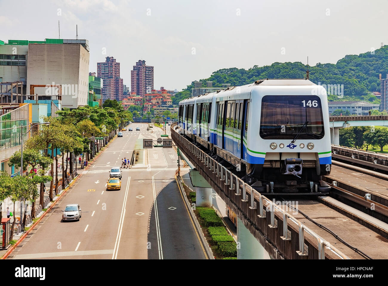 TAIPEI, TAIWAN - JULY 09: This is the taipei mrt in new taipei city which has an overground line and goes through the rural areas of Taipei on July 09 Stock Photo
