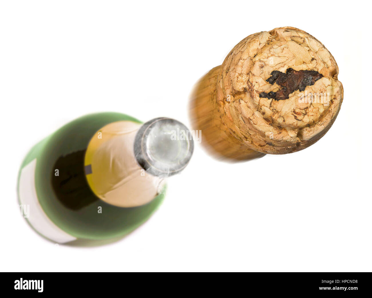 Champagne cork with the shape of Kyrgyzstan burnt in and bottle of champagne in the back.(series) Stock Photo
