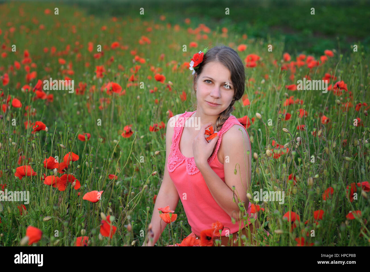 young beautiful woman in red dress sitting in a poppy field. Stock Photo