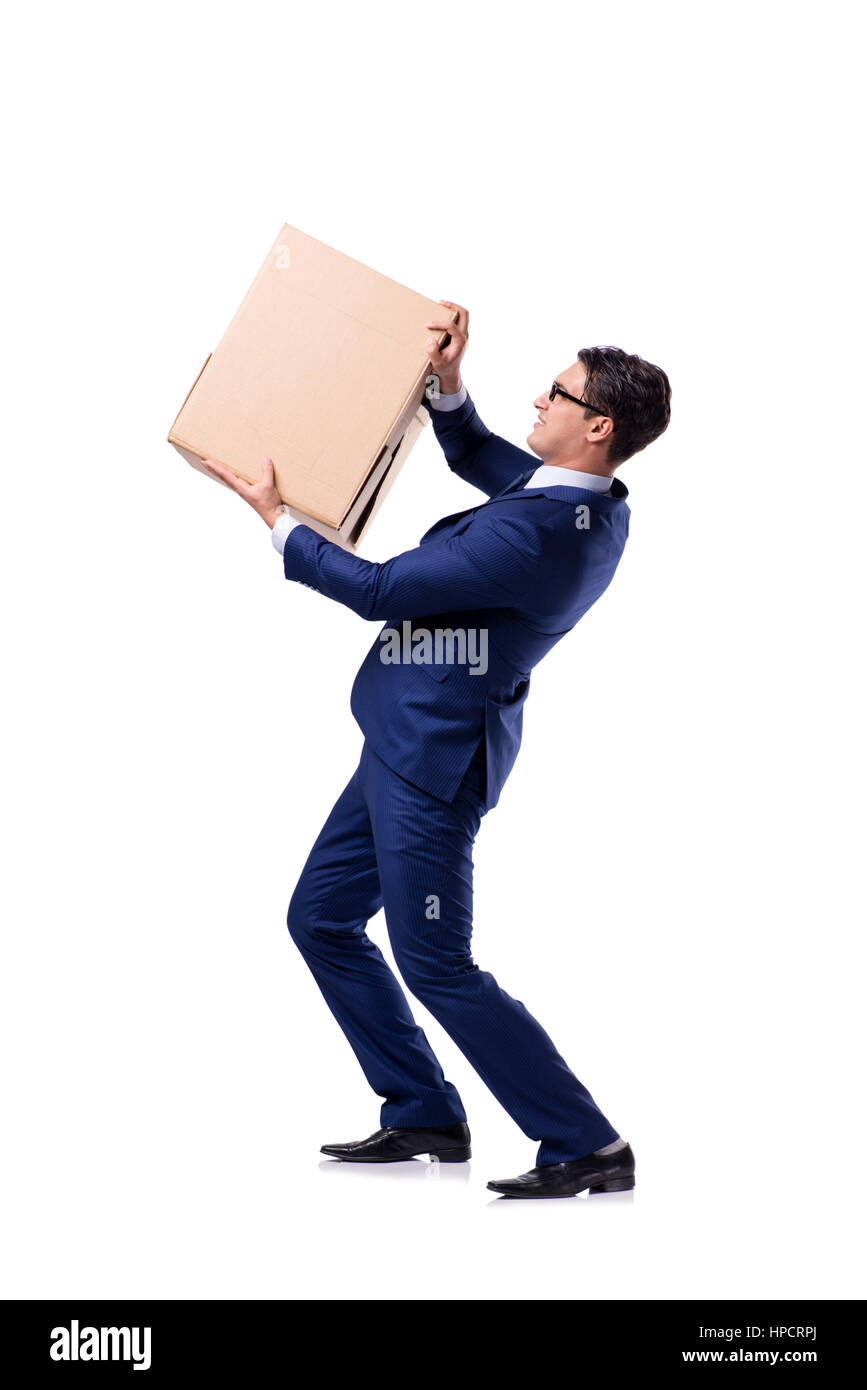 Businessman lifting box isolated on white Stock Photo - Alamy