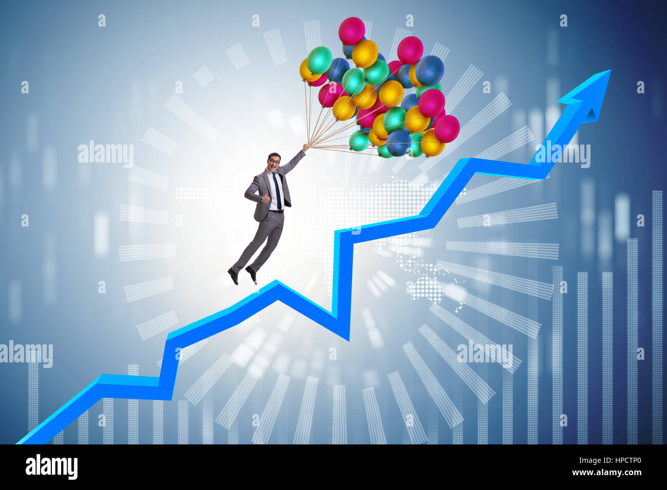 Graph Balloons Rising Businessman flying on balloons over graph Stock Photo - Alamy