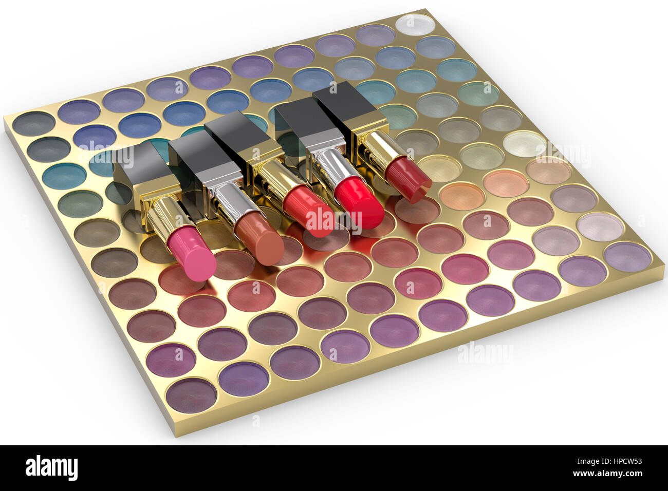 3d rendering lipsticks on eye shadow palette Stock Photo