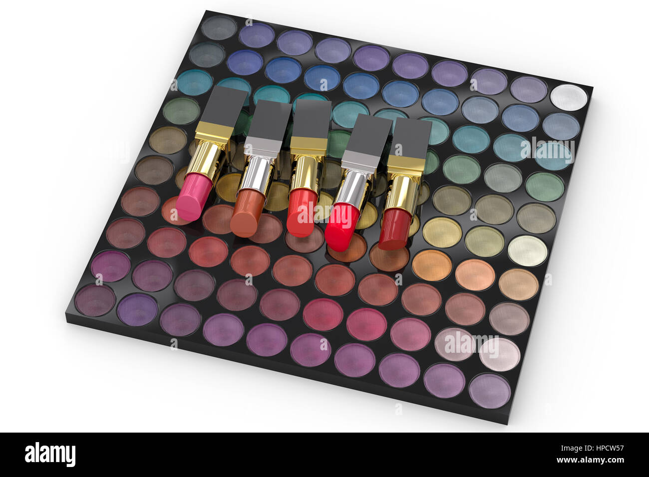 3d rendering lipsticks on eye shadow palette Stock Photo