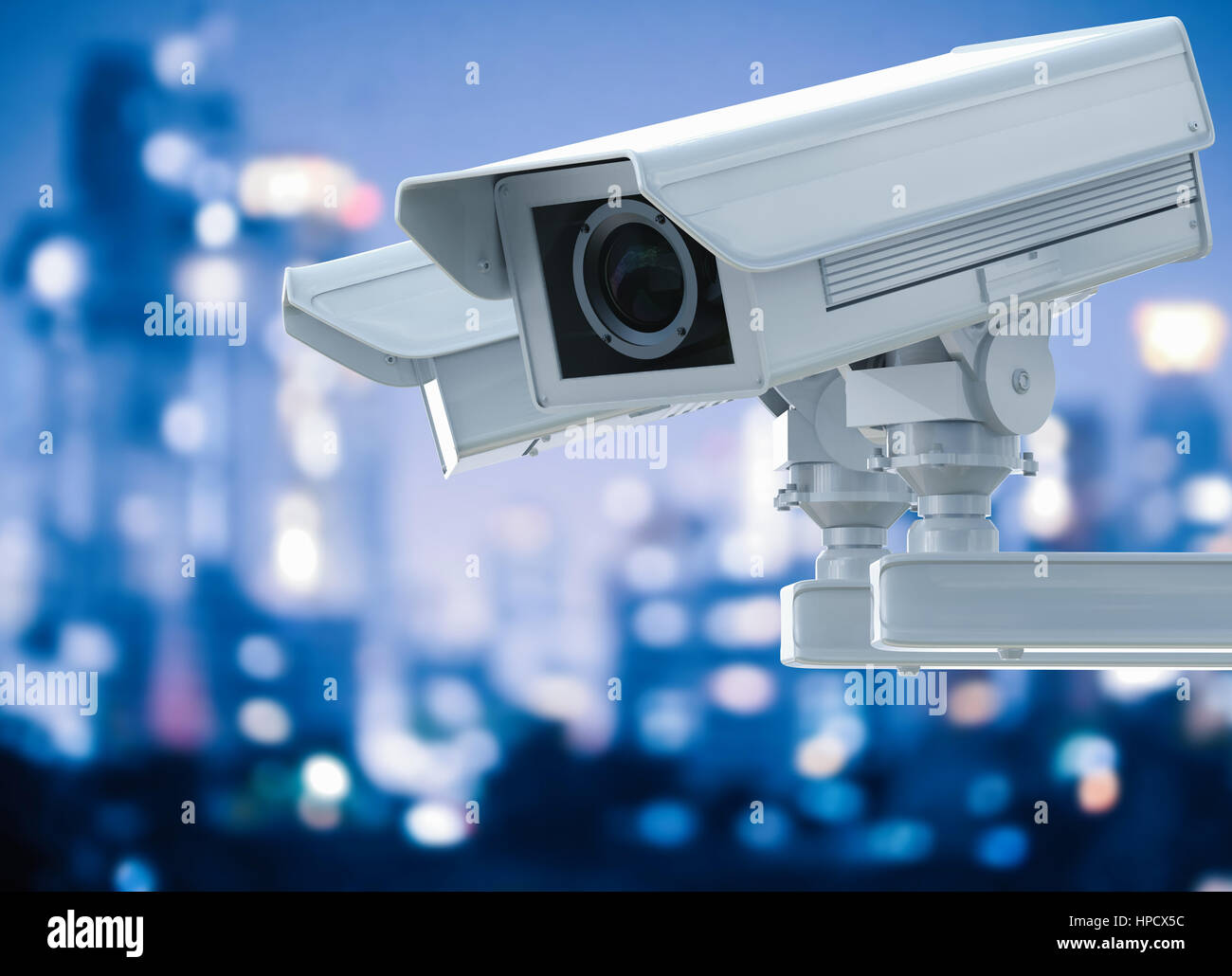3d rendering cctv camera or security camera on cityscape background