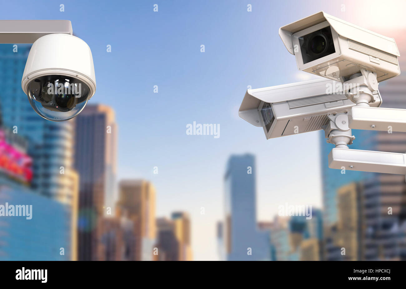 3d rendering cctv camera or security camera on cityscape background ...