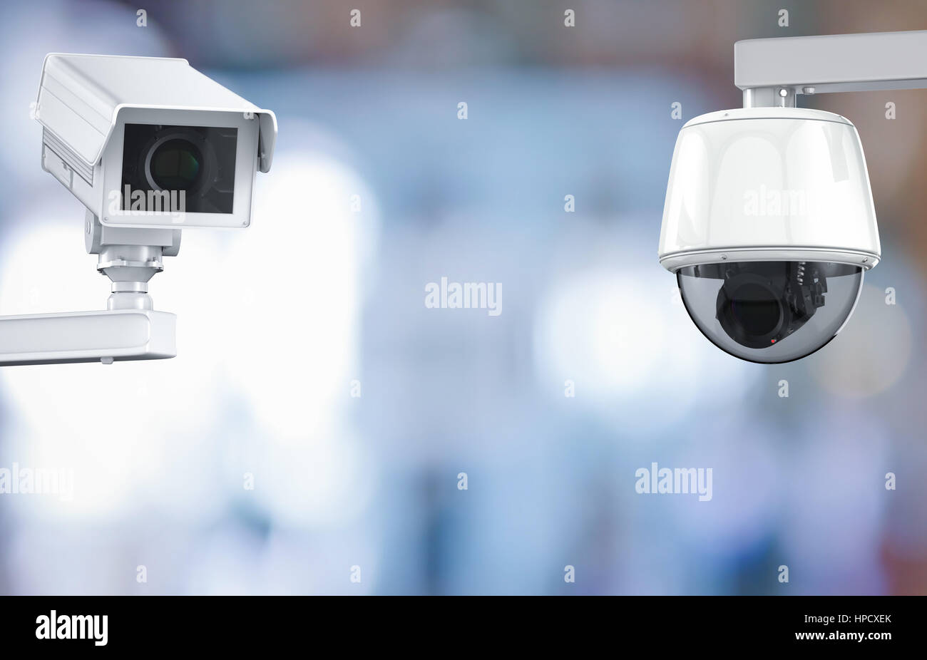 3d rendering cctv camera or security camera on retail shop blurred