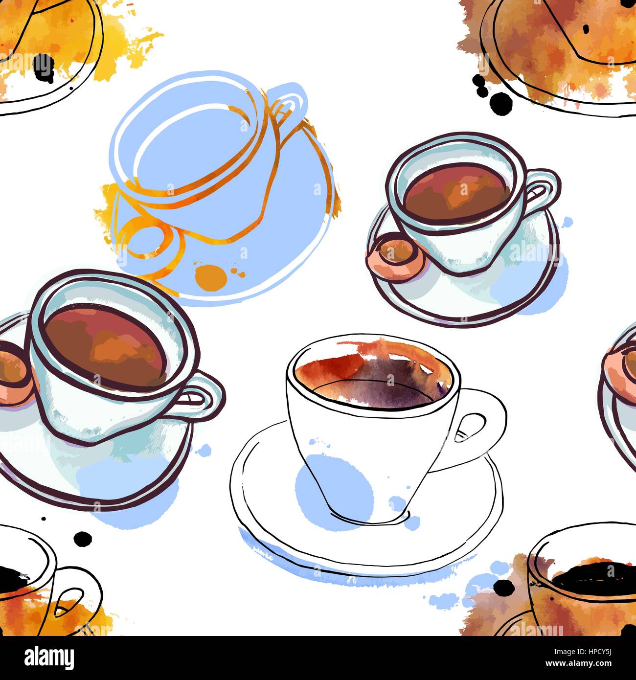 Seamless pattern of freehand vector and watercolour coffee drawi Stock ...