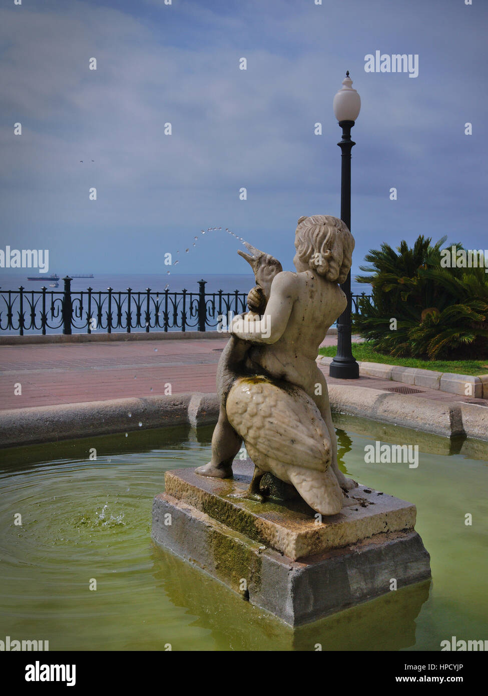 Statue of child with goose on the Balcony of Mediterraneo.Tarragona,Spain.Estatua de niño con ganso en El Balcon de Mediterraneo de Tarragona Stock Photo