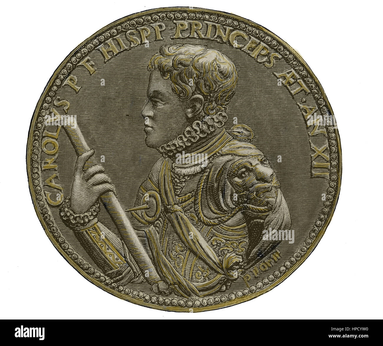 Carlos, Prince of Austrias (1545-1568). Son of Philip II of Spain. Medallion. Portrait. Engraving. Color. Stock Photo